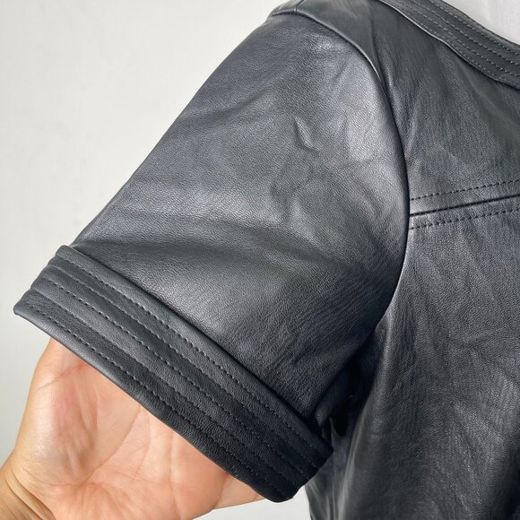 Anthropologie Women's Black Faux Leather Wrap Mini Short Sleeve Dress Size 8 - Picture 10 of 13